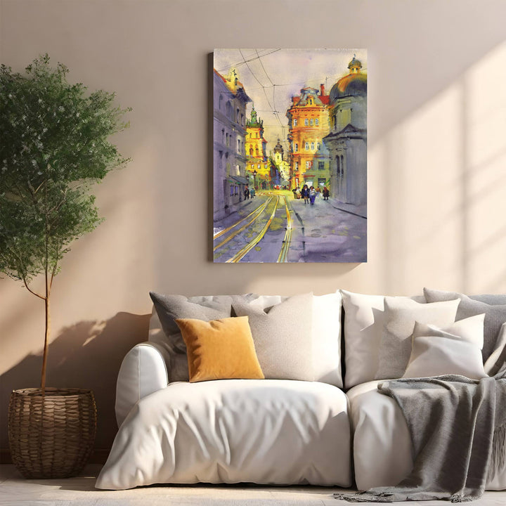 Wadi Home European city street watercolor painting with historic architecture and tram tracks, warm sunlight.