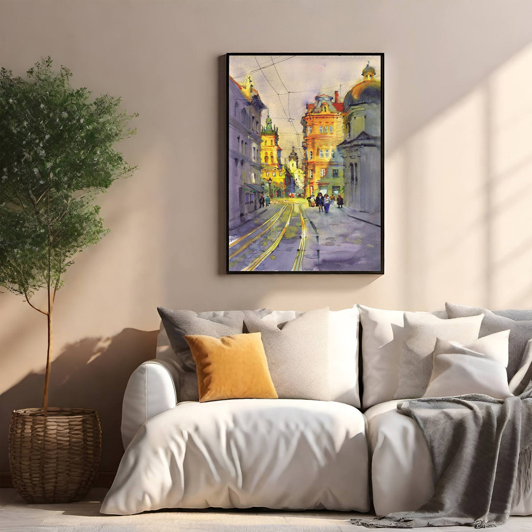 Wadi Home European city street watercolor painting with historic architecture and tram tracks, warm hues.
