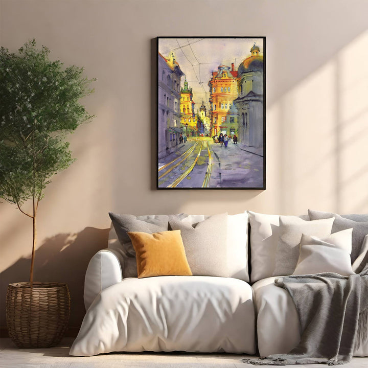 Wadi Home European city street watercolor painting with historic architecture and tram tracks, warm hues.