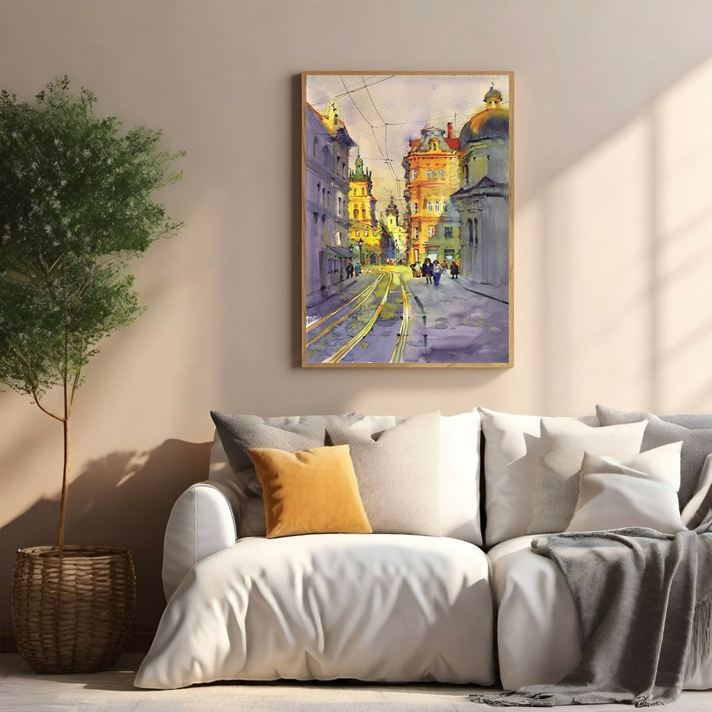 Wadi Home European city street watercolor painting with tram tracks and historic architecture in warm, soft hues.