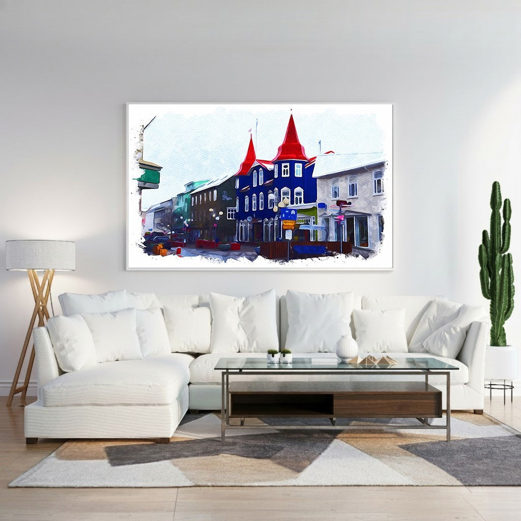 Wadi Home colorful European streetscape watercolor art with blue buildings and red roofs, perfect for living room or office.