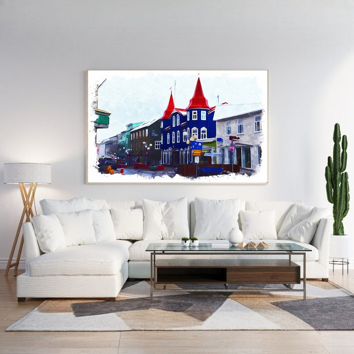 Wadi Home colorful European streetscape watercolor art with blue buildings and red roofs.