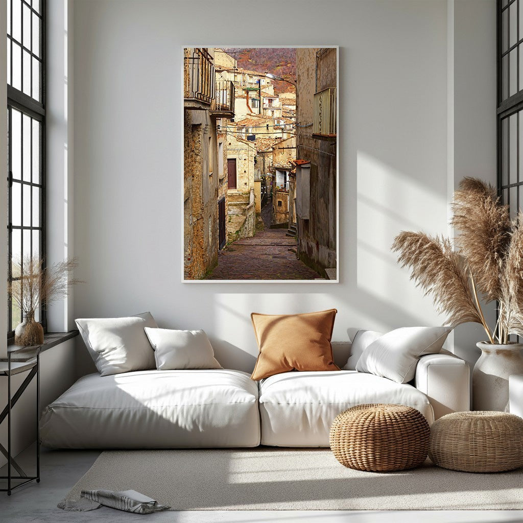 Wadi Home European village street scene wall art with rustic buildings and balconies.