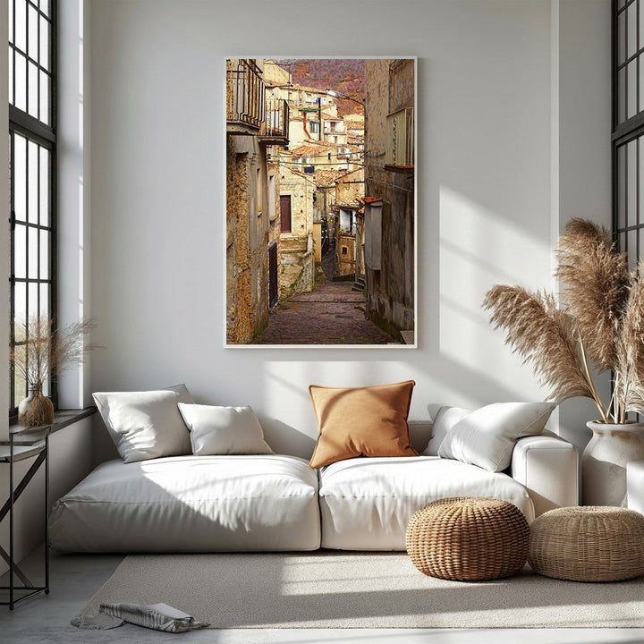 Wadi Home European village street scene wall art with rustic buildings and balconies.
