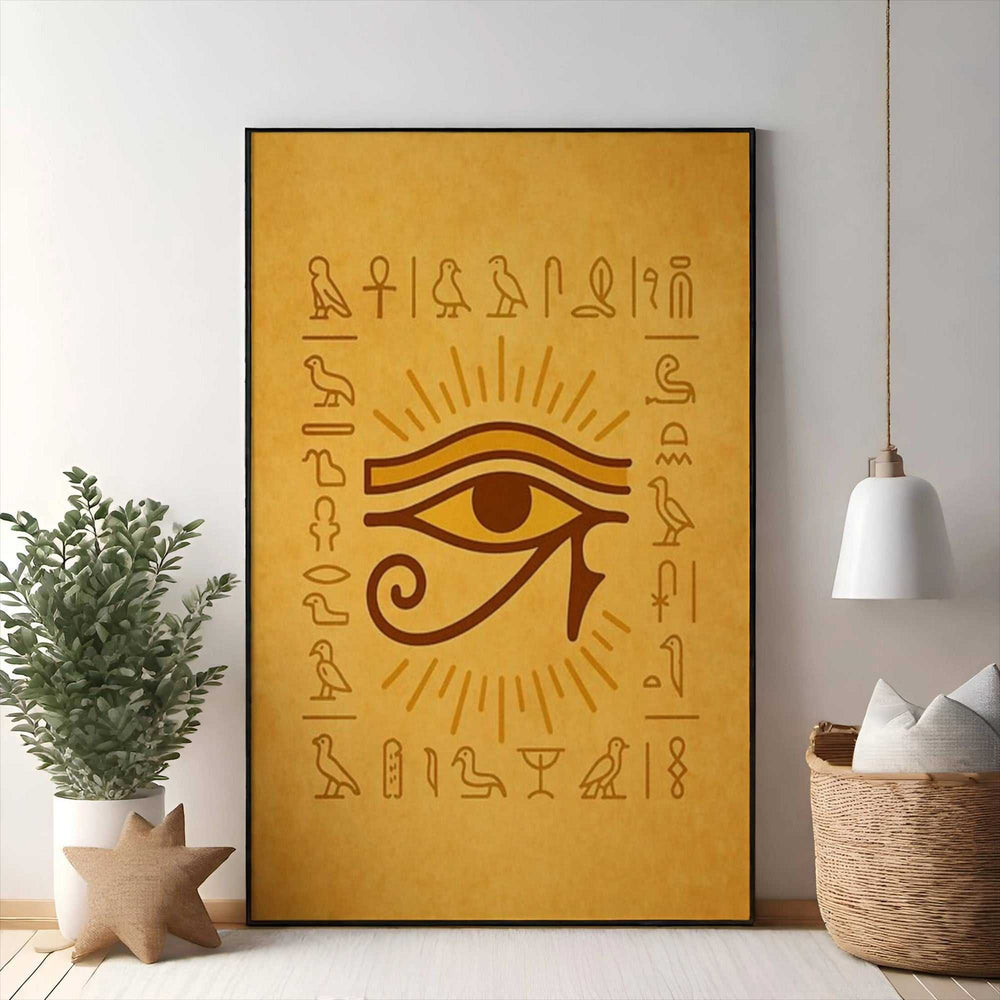 Wadi Home Ancient Egyptian Eye of Horus wall art with hieroglyphs. Golden yellow background with brown details.