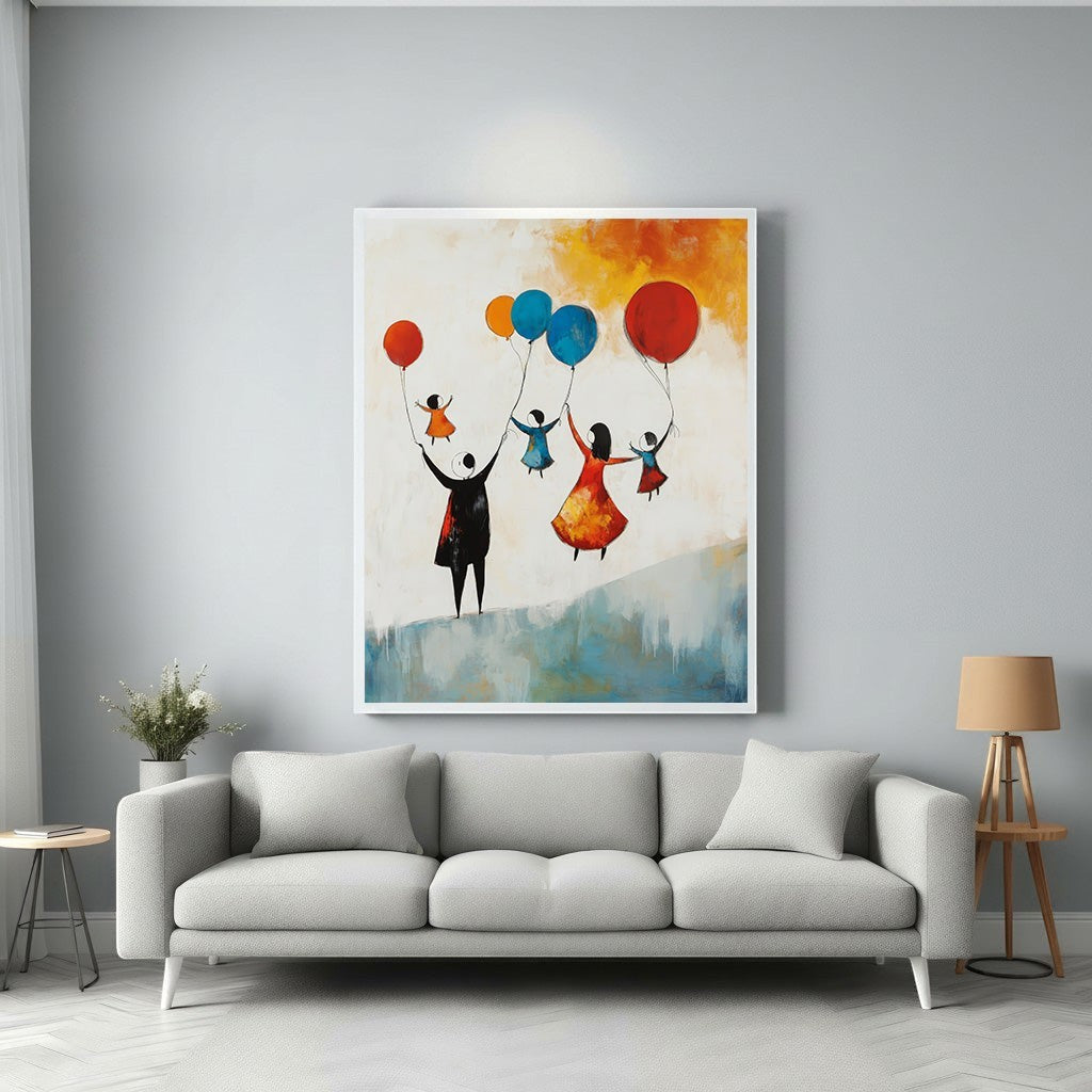 Wadi Home abstract wall art of a family holding colorful balloons, with a textured, painterly background in warm tones.