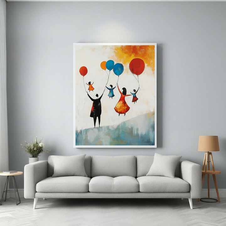 Wadi Home abstract wall art of a family holding colorful balloons, with a textured, painterly background in warm tones.