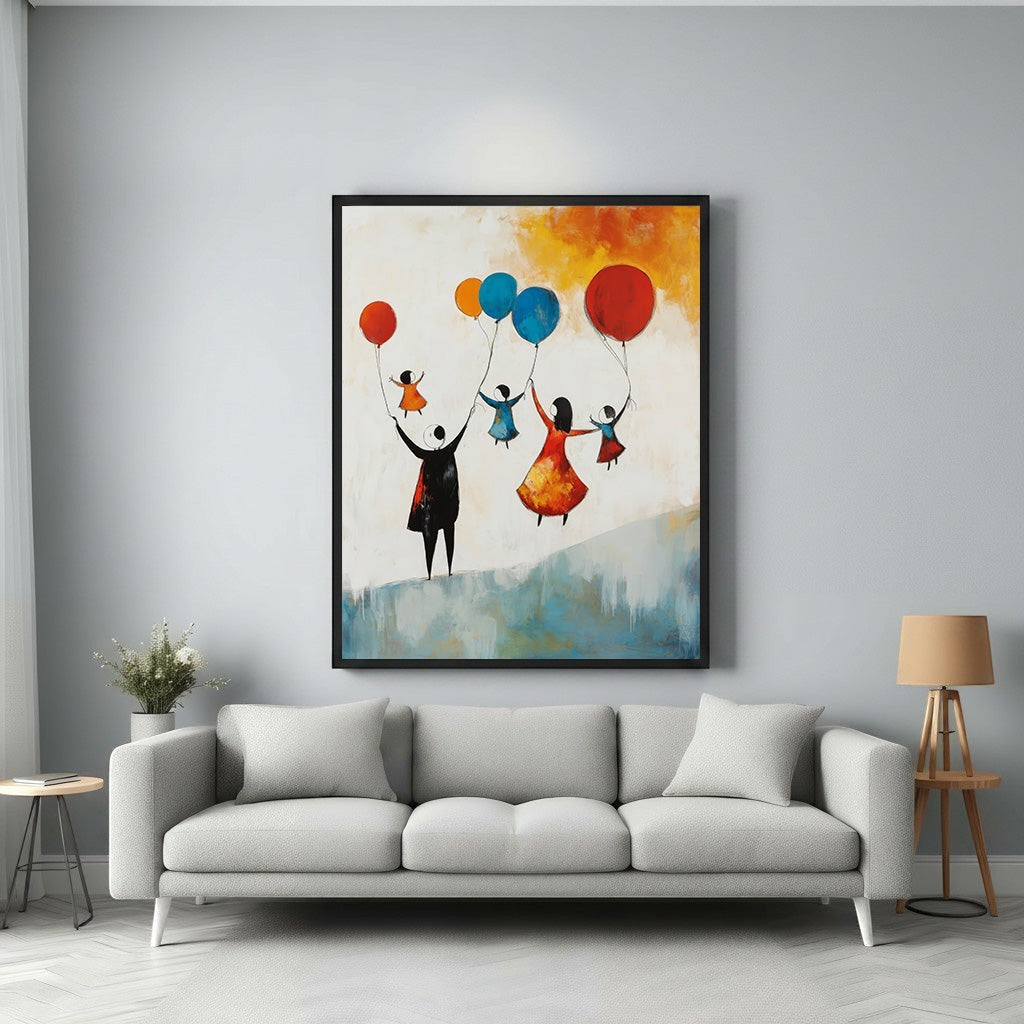 Wadi Home abstract wall art of a family holding colorful balloons, with painterly textured background. Modern, joyful decor.
