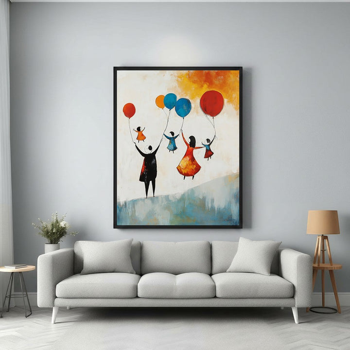 Wadi Home abstract wall art of a family holding colorful balloons, with painterly textured background. Modern, joyful decor.