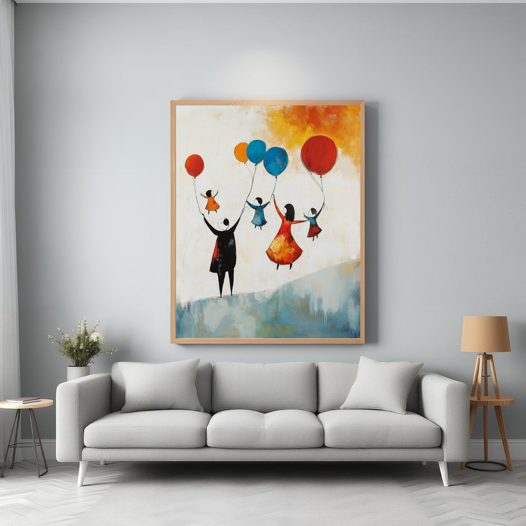 Wadi Home abstract wall art of a family holding colorful balloons, with a textured background and wooden frame.