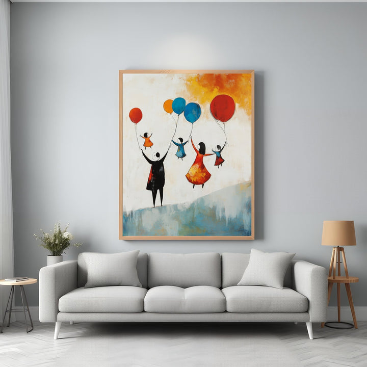 Wadi Home abstract wall art of a family holding colorful balloons, with a textured background and wooden frame.