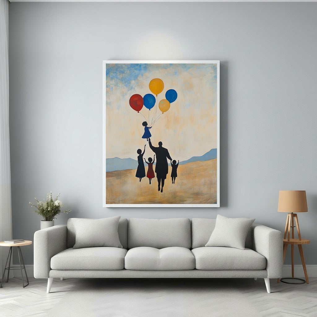 Wadi Home Family With Balloons wall art, silhouette of family holding balloons, one child lifted by balloons, landscape background.