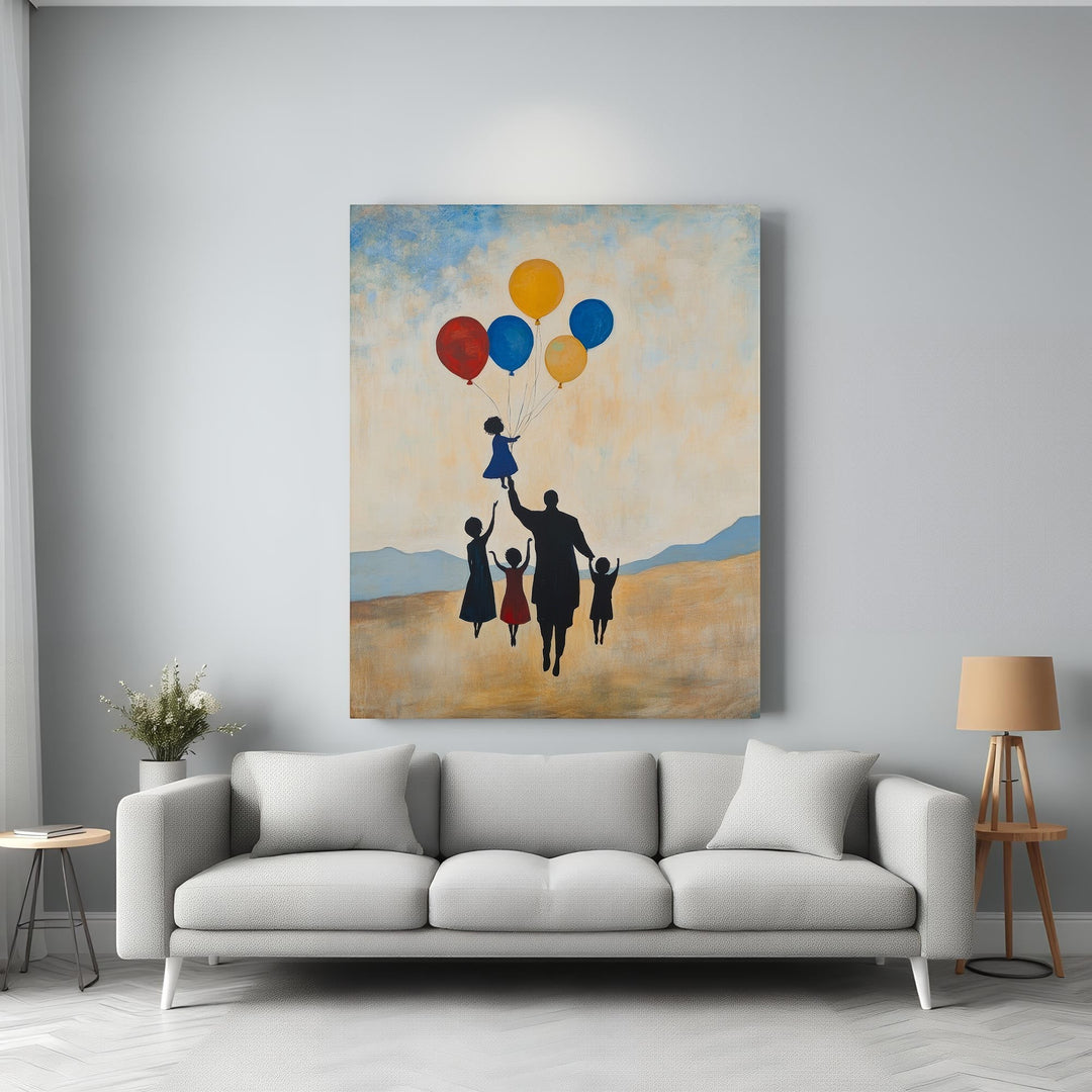 Wadi Home Family With Balloons wall art, silhouette of family holding balloons, one child lifted by balloons, landscape background.