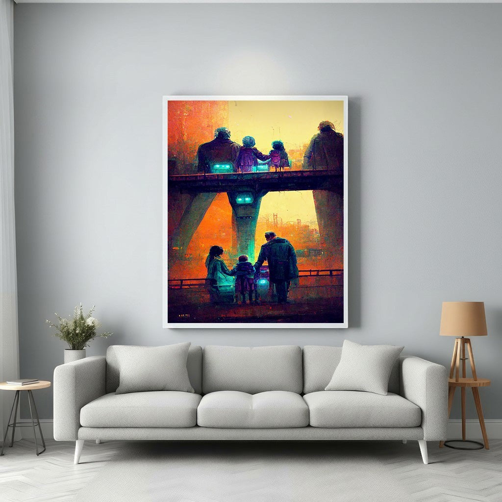 Wadi Home artwork: Family silhouetted on a bridge at sunset, warm colors, evokes togetherness and reflection.