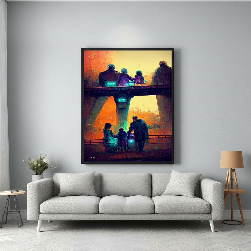 Wadi Home artwork: Family silhouetted on a bridge at sunset, warm colors, evokes togetherness and reflection.