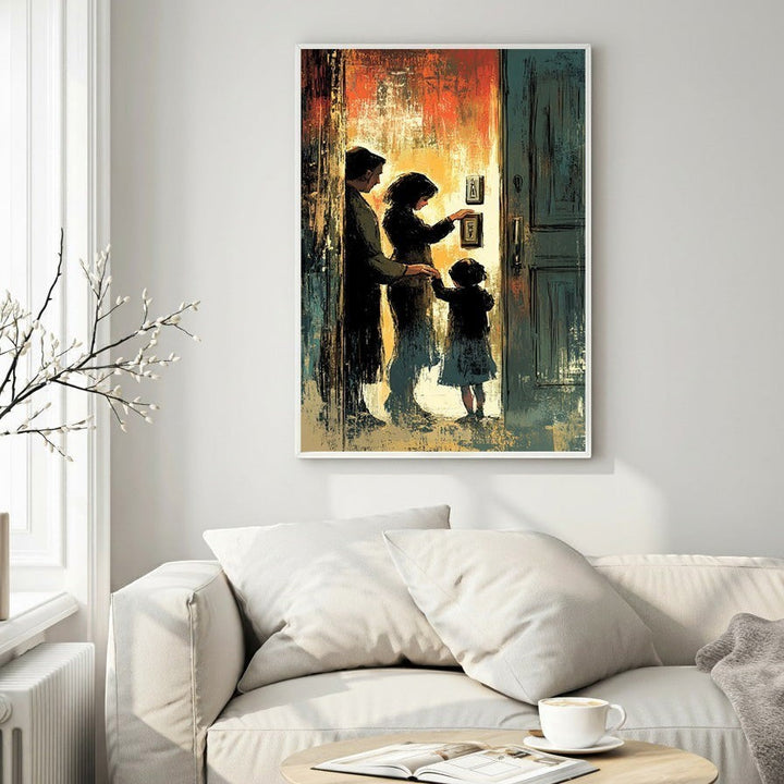 Wadi Home abstract canvas print of a silhouetted family at a doorway, with warm orange, blue, and yellow tones.
