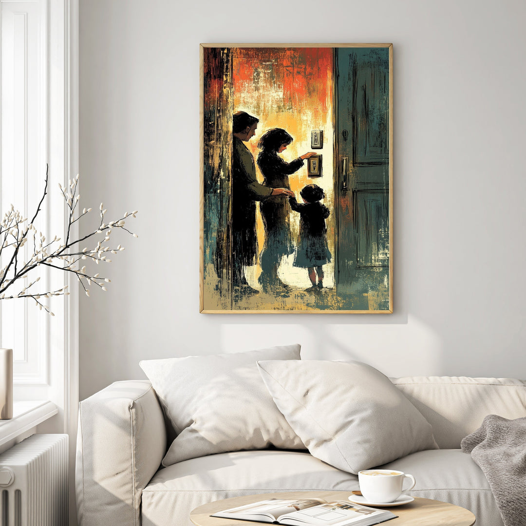 Wadi Home abstract canvas print of a silhouetted family at a doorway, with warm light and textured brushstrokes in orange, blue, and yellow.