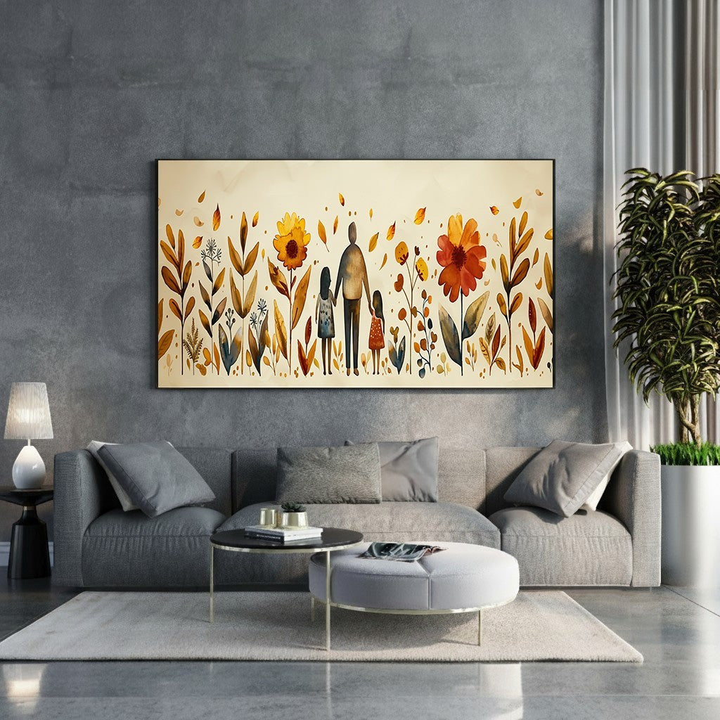 Wadi Home Family In Garden wall art, watercolor illustration of parent and two children holding hands amidst autumnal flowers and leaves.