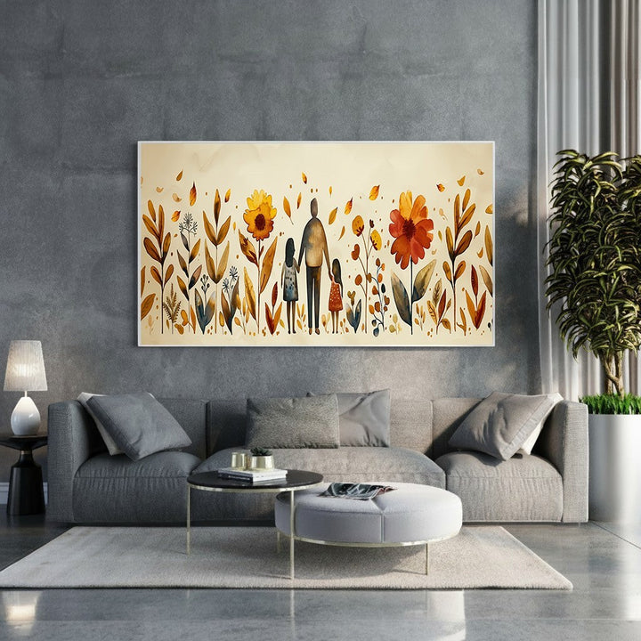 Wadi Home Family In Garden watercolor canvas art with parent and two children holding hands amidst autumnal flowers and leaves.