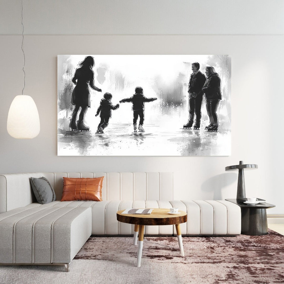 Wadi Home black and white watercolor art print of a family ice skating, capturing a joyful winter moment.