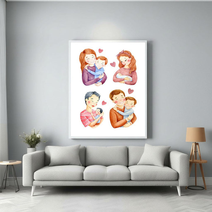 Wadi Home Family Love Collection wall art featuring watercolor illustrations of parents holding children. Gentle colors and tender moments.