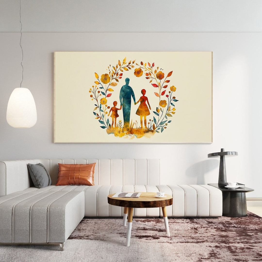 Wadi Home family silhouette in floral wreath wall art, watercolor style, autumn hues, warm colours, togetherness theme.