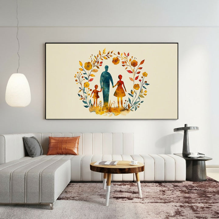 Wadi Home family silhouette in floral wreath wall art, watercolor style, autumn hues, warm colours.