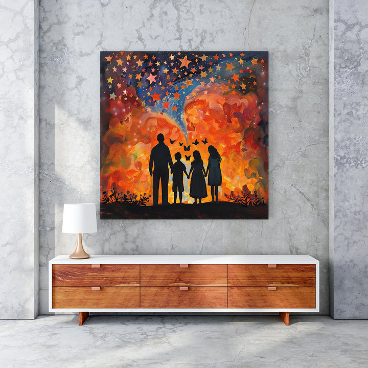 Wadi Home starry sky family wall art with vibrant orange, red, and blue celestial clouds and silhouettes of a family holding hands.