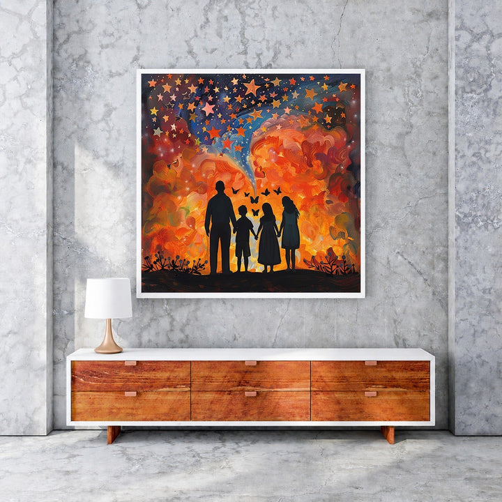 Wadi Home starry sky family wall art with vibrant orange, red, and blue celestial clouds and silhouettes of a family holding hands.