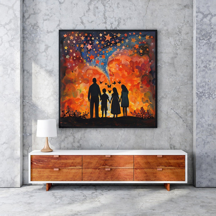 Wadi Home starry sky family wall art with vibrant orange, red, and blue celestial background and silhouetted family holding hands.