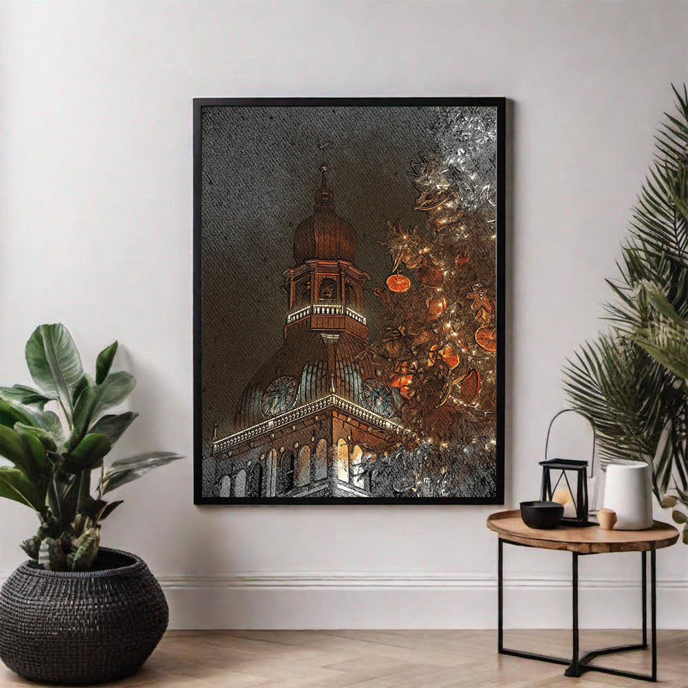 Wadi Home Festive Cathedral Christmas Tree Wall Art, featuring a cathedral tower and decorated Christmas tree with warm lights and orange slices.