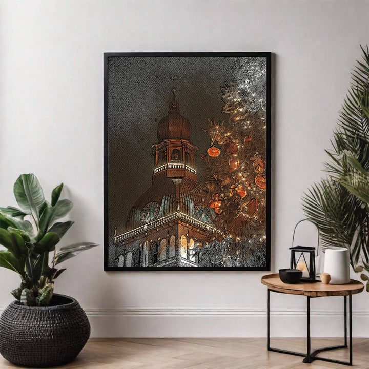 Wadi Home Festive Cathedral Christmas Tree Wall Art, featuring a cathedral tower and decorated Christmas tree with warm lights and orange slices.