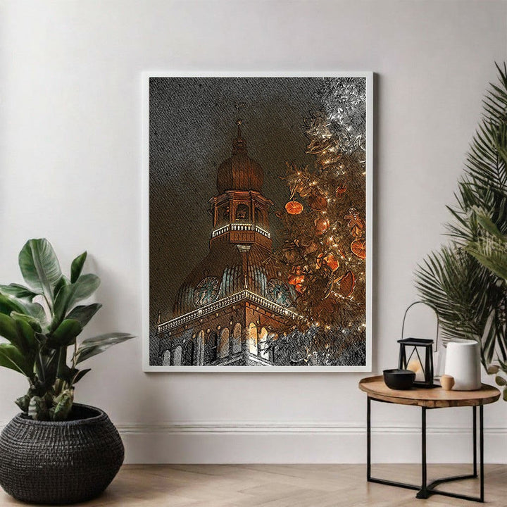 Wadi Home Festive Cathedral Christmas Tree Wall Art, featuring a cathedral dome and a decorated Christmas tree with lights and oranges.