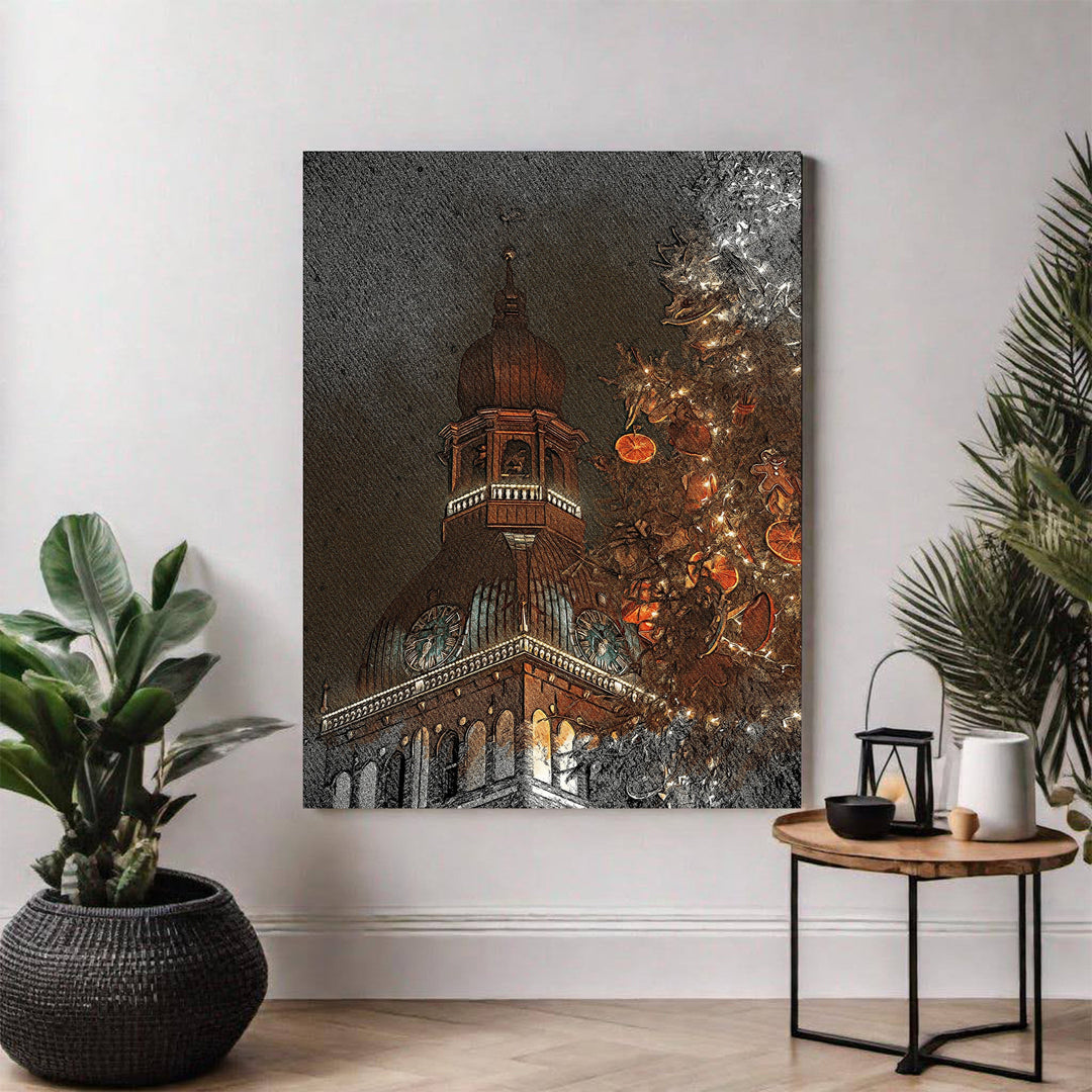 Wadi Home Festive Cathedral Christmas Tree Wall Art, featuring a cathedral dome and decorated Christmas tree with warm lights and orange slices.
