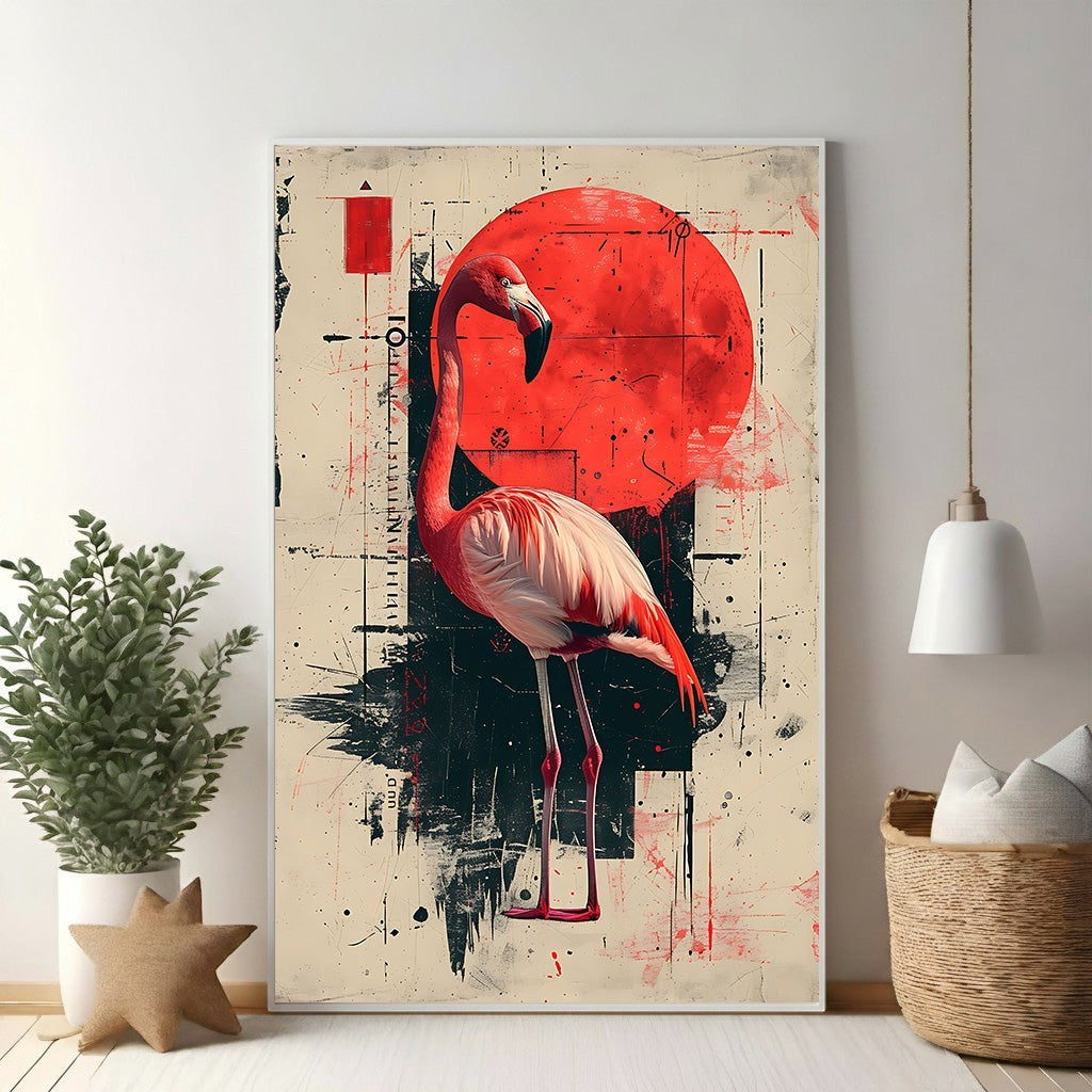Wadi Home abstract flamingo art print with red and black geometric shapes and textured washes.
