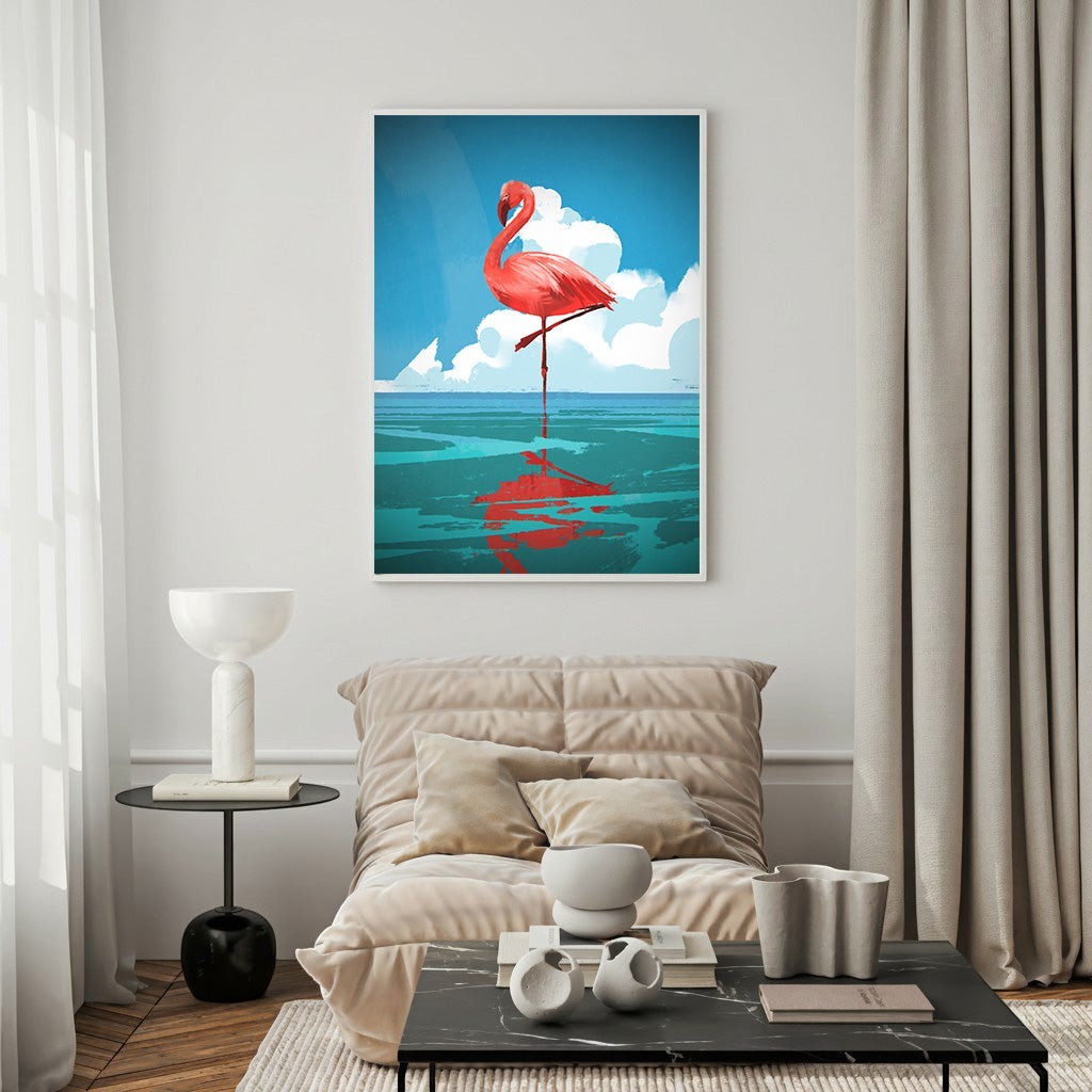 Wadi Home Flamingo Reflection On Water Wall Art, vibrant pink flamingo standing on one leg in turquoise water with reflection, blue sky and clouds.