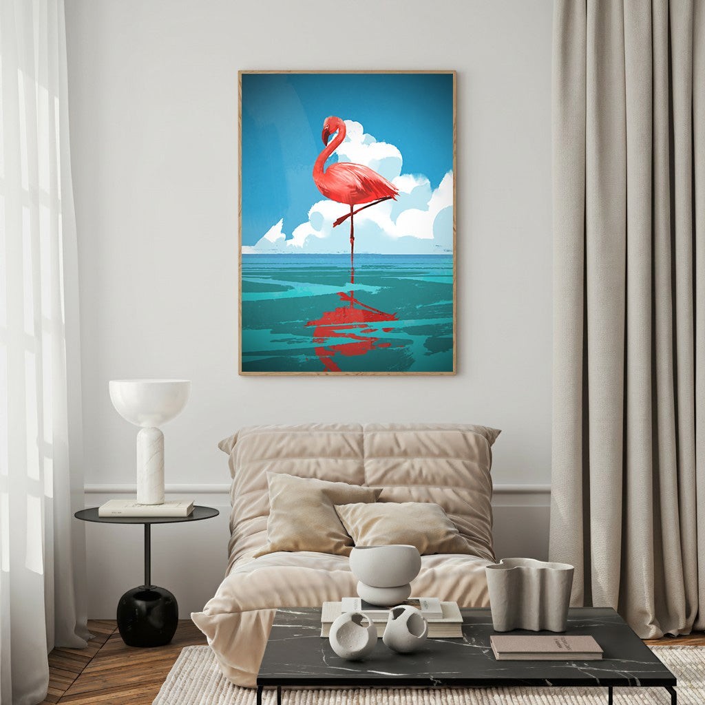 Wadi Home Flamingo Reflection On Water Wall Art, vibrant pink flamingo standing on one leg in turquoise water with reflection, blue sky and clouds.