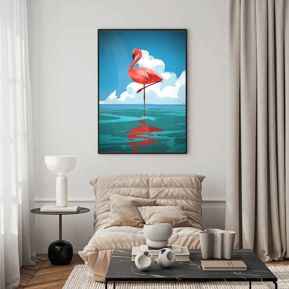 Wadi Home Flamingo Reflection On Water Wall Art, vibrant pink flamingo standing on one leg in turquoise water with reflection, blue sky and clouds.