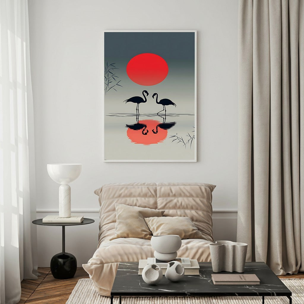 Wadi Home Flamingo Sunset Reflection Wall Art featuring two black flamingos silhouetted against a red sun and its reflection.