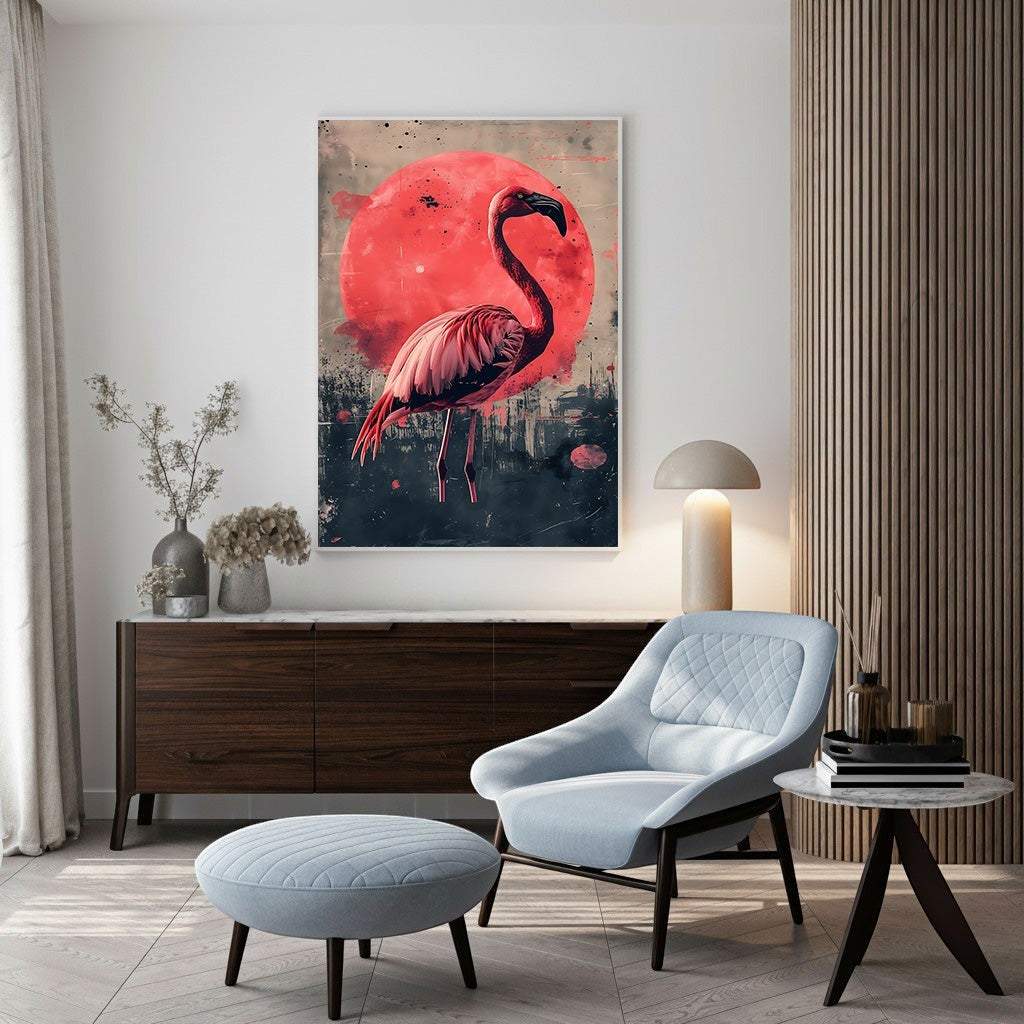 Wadi Home Flamingo Sunset Wall Art featuring a pink flamingo against a red sun and abstract cityscape.