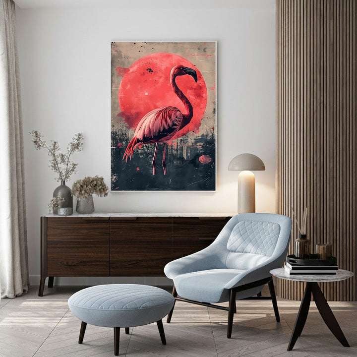 Wadi Home Flamingo Sunset Wall Art featuring a pink flamingo against a red sun and abstract cityscape.