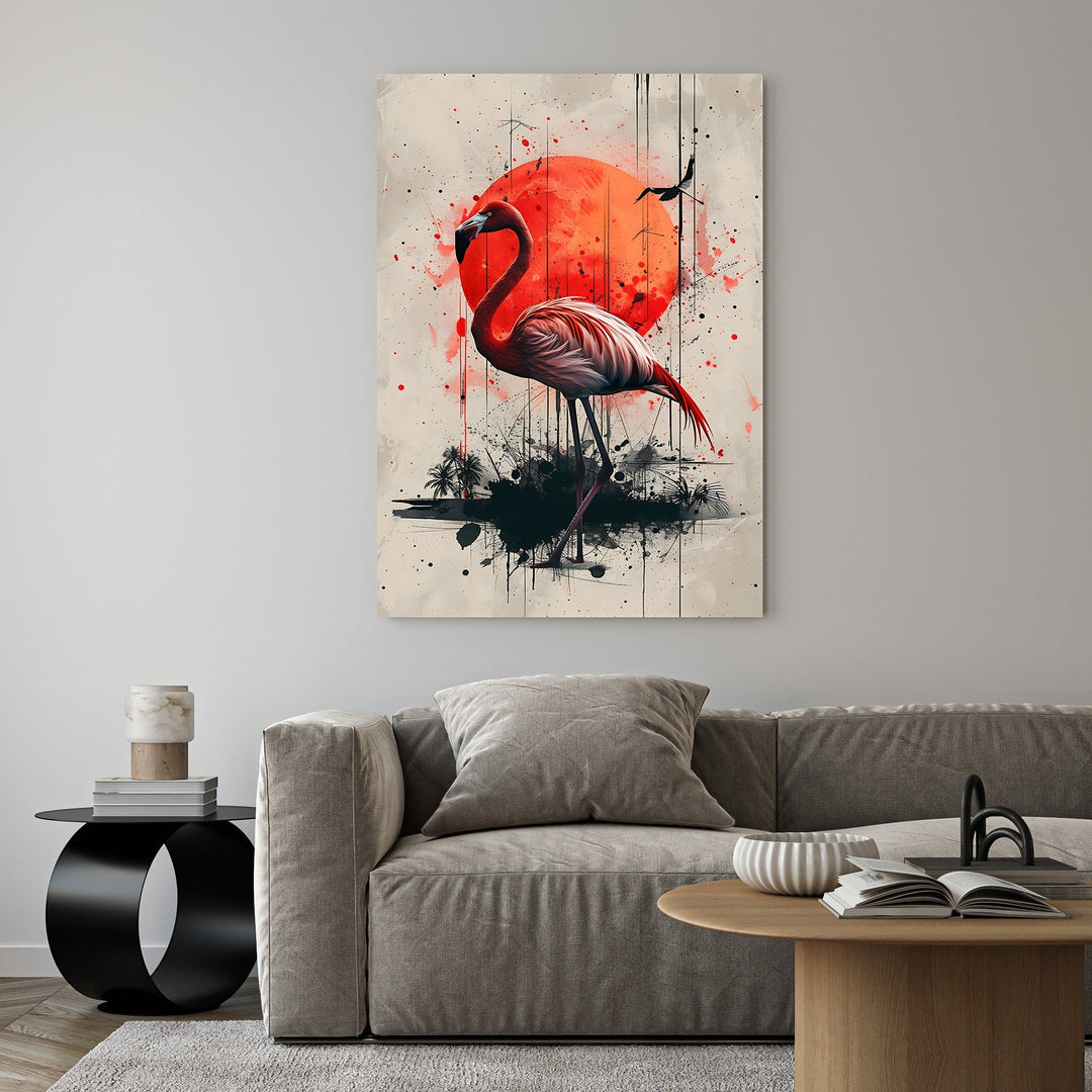 Wadi Home Flamingo Sunset Wall Art, vibrant pink flamingo against a red sun with abstract splatters and palm trees.