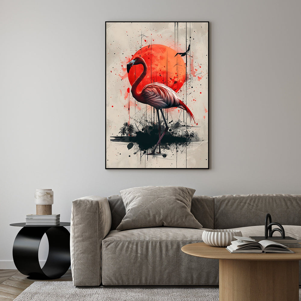 Wadi Home Flamingo Sunset Wall Art, featuring a stylized pink flamingo against a vibrant red sun and abstract background with palm trees.