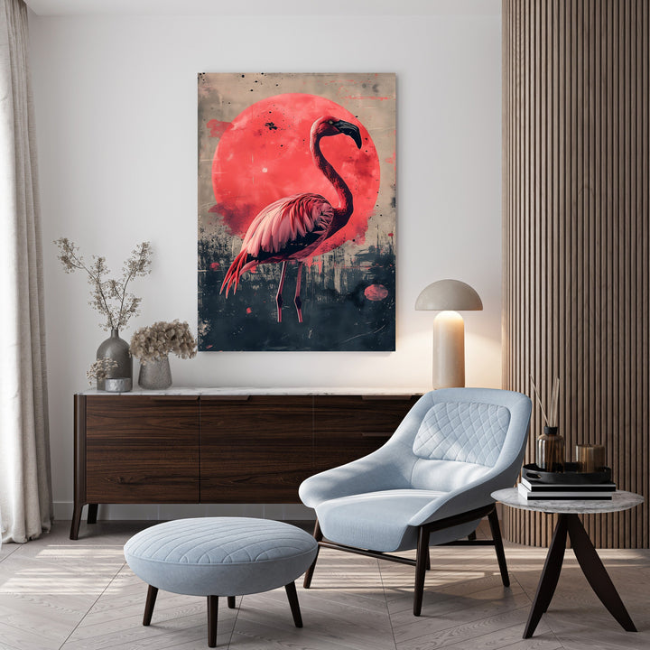 Wadi Home Flamingo Sunset Wall Art featuring a pink flamingo against a red sun and abstract cityscape.