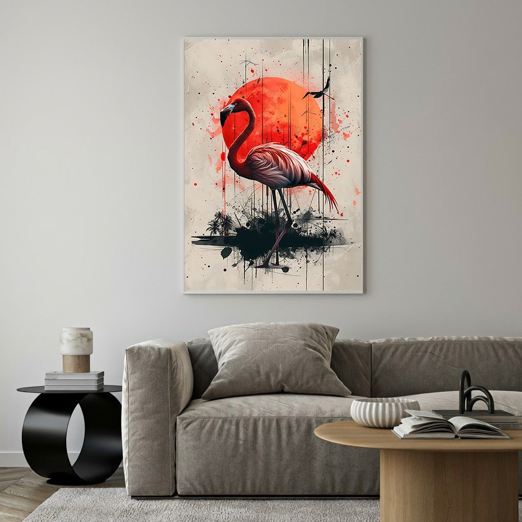 Wadi Home Flamingo Sunset Wall Art, stylized flamingo against a red sun and abstract background, tropical art.