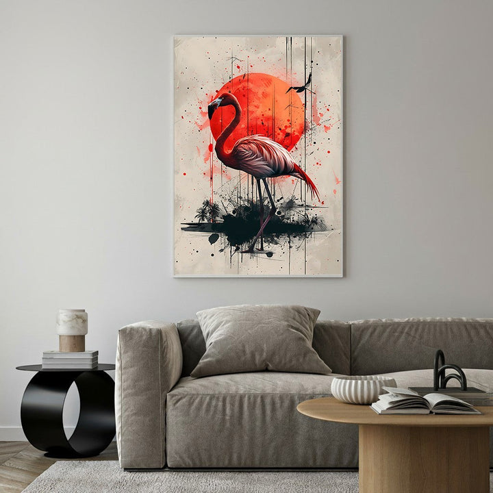 Wadi Home Flamingo Sunset Wall Art, stylized flamingo against a red sun and abstract background, tropical art.