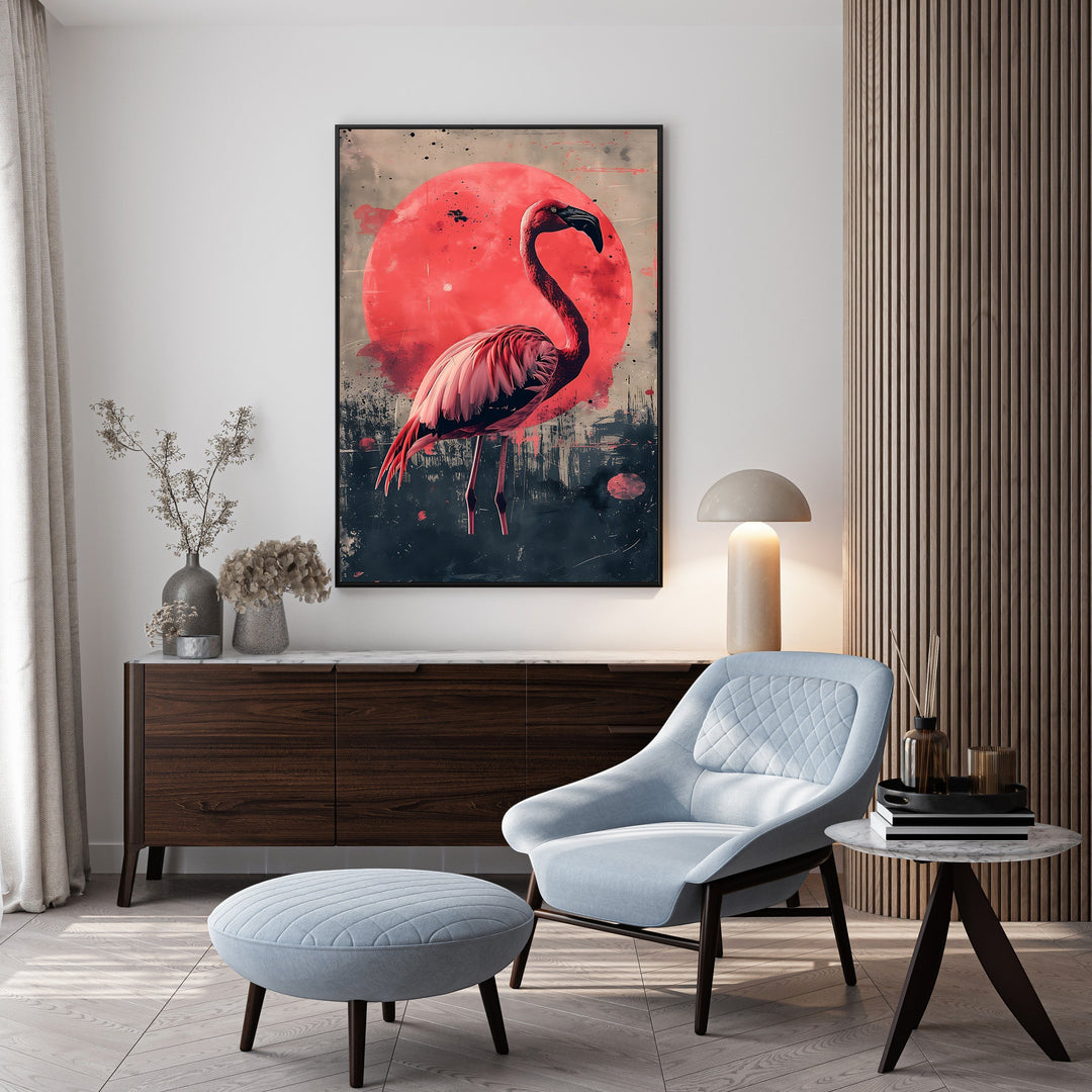 Wadi Home Flamingo Sunset Wall Art featuring a pink flamingo against a red sun and abstract cityscape.