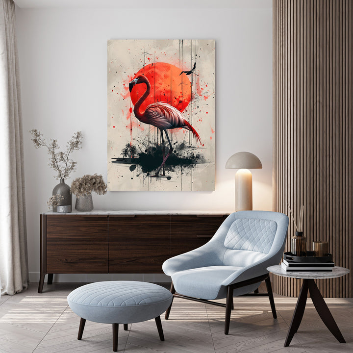 Wadi Home Flamingo Sunset Wall Art, abstract painting of a pink flamingo against a red sun, tropical decor.