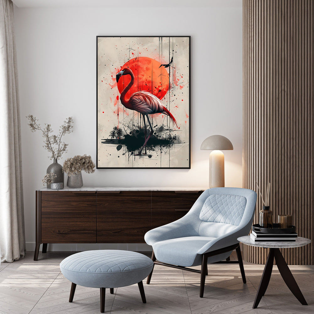 Wadi Home Flamingo Sunset Wall Art, abstract painting of a pink flamingo against a vibrant red sun, tropical style.