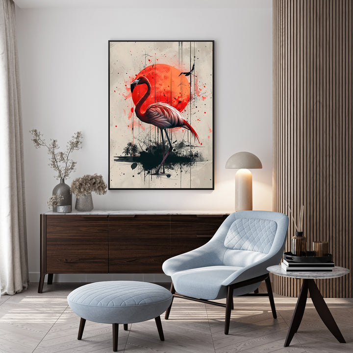 Wadi Home Flamingo Sunset Wall Art, abstract painting of a pink flamingo against a vibrant red sun, tropical style.
